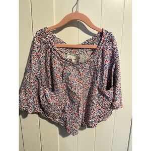 435 by Matilda Jane Girl Floral Ditsy Print Blouse Red Blue White Sz 14 Boho Top